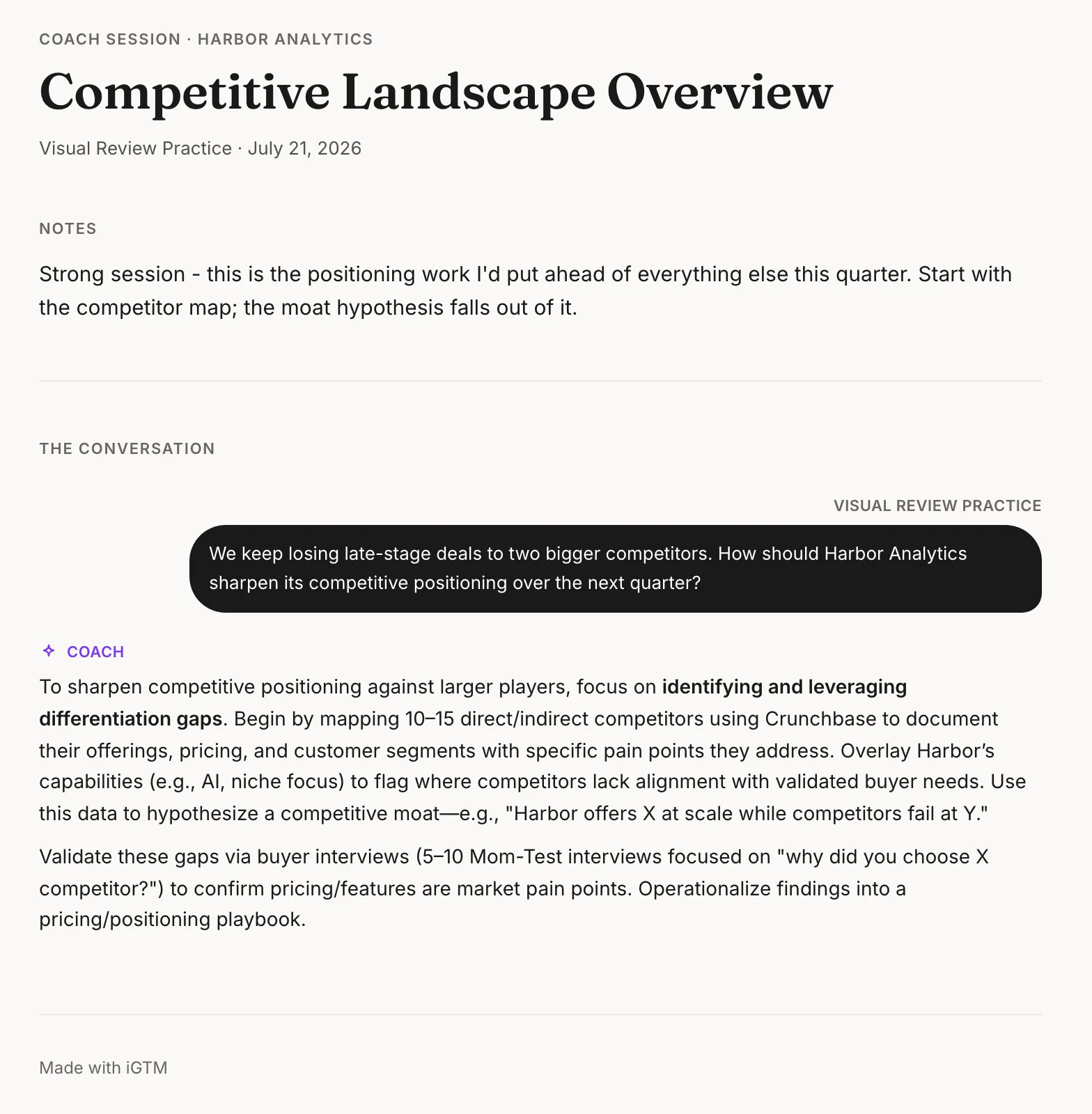 A shared coach session from iGTM: a hosted page with the advisor's notes on top and the conversation below, no sign-in needed